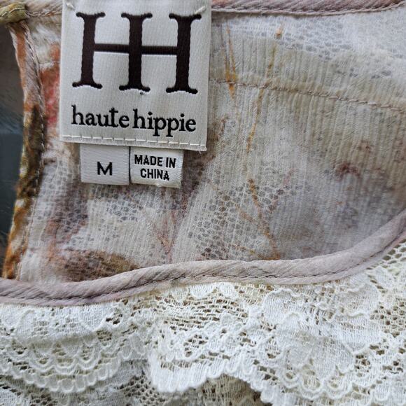 HAUTE HIPPIE Silk Chiffon Floral Print Blouse Lace Inset Sheer Top Size Medium - Picture 5 of 8